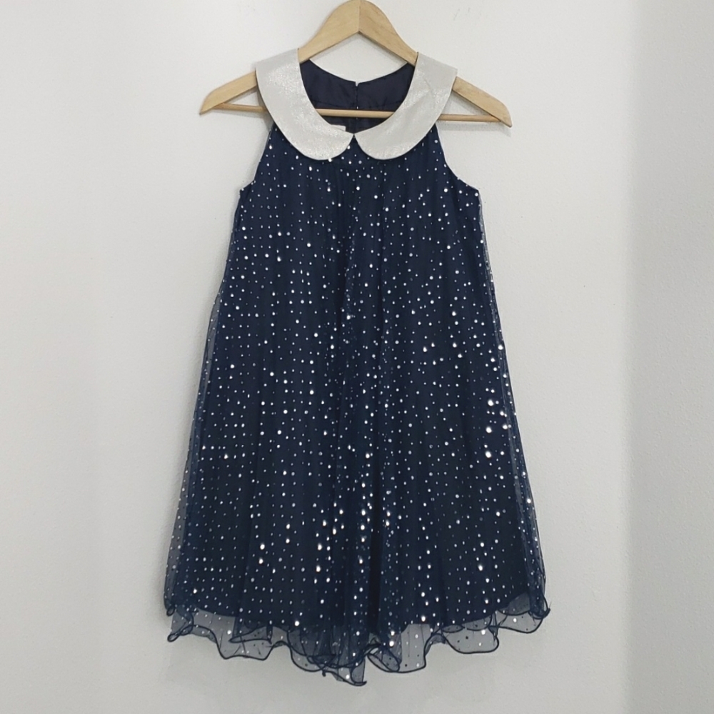 BONNIE JEAN NAVY BLUE SLEEVELESS DRESS WITH SILVER SPARKLES, GIRLS: 14, $29